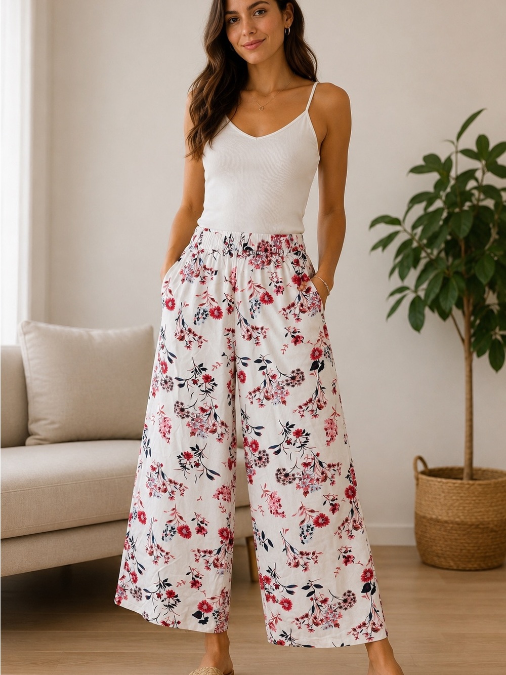 Worthington White Wide-Leg Pants with Pink Floral Print